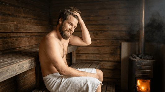 Mann mit vollem Haar entspannt in finnischer Sauna nach erfolgreicher Haartransplantation