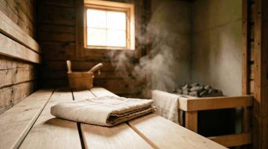 Entspannende Saunakabine aus hellem Birkenholz mit weichem Handtuch auf der Bank – ideal für einen schonenden Saunagang bei leichten Beschwerden