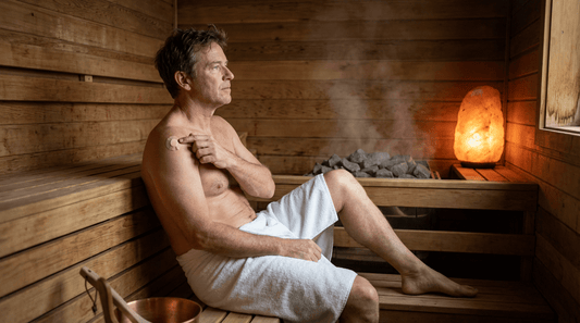 Mann mit Impfpflaster am Oberarm sitzt entspannt in einer finnischen Sauna nach der Impfung
