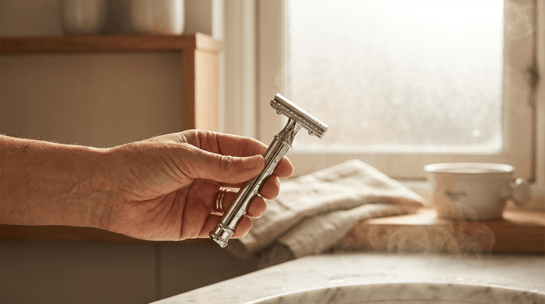 Sicherheitsrasierer in der Hand vor dem Saunabesuch mit Rasierschaum im Hintergrund