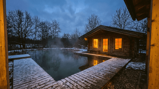 Saunalandschaft Bamberg im Winter mit beleuchteter Holzsauna am Naturbadeteich bei Abenddämmerung