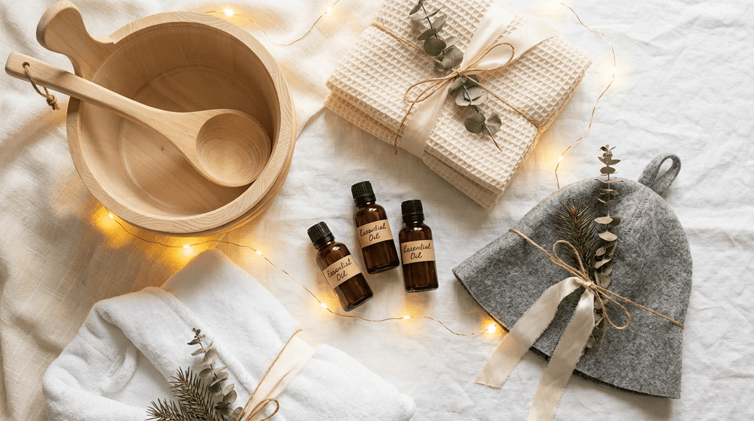 Sauna Geschenke 2026: Geschenkideen mit Saunakübel, Handtüchern, Saunahut und ätherischen Ölen festlich arrangiert