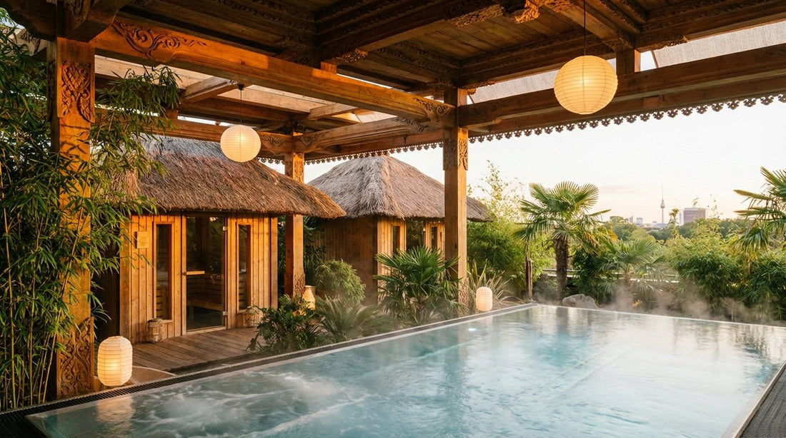 Sauna Berlin: Luxuriöse Wellness-Oase im balinesischen Stil mit Pool und mehreren Sauna-Hütten