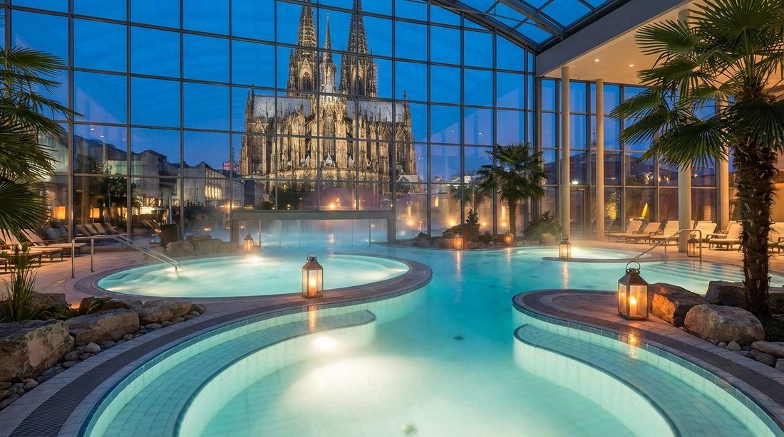 Sauna Köln: Claudius Therme mit Blick auf den beleuchteten Kölner Dom bei Dämmerung
