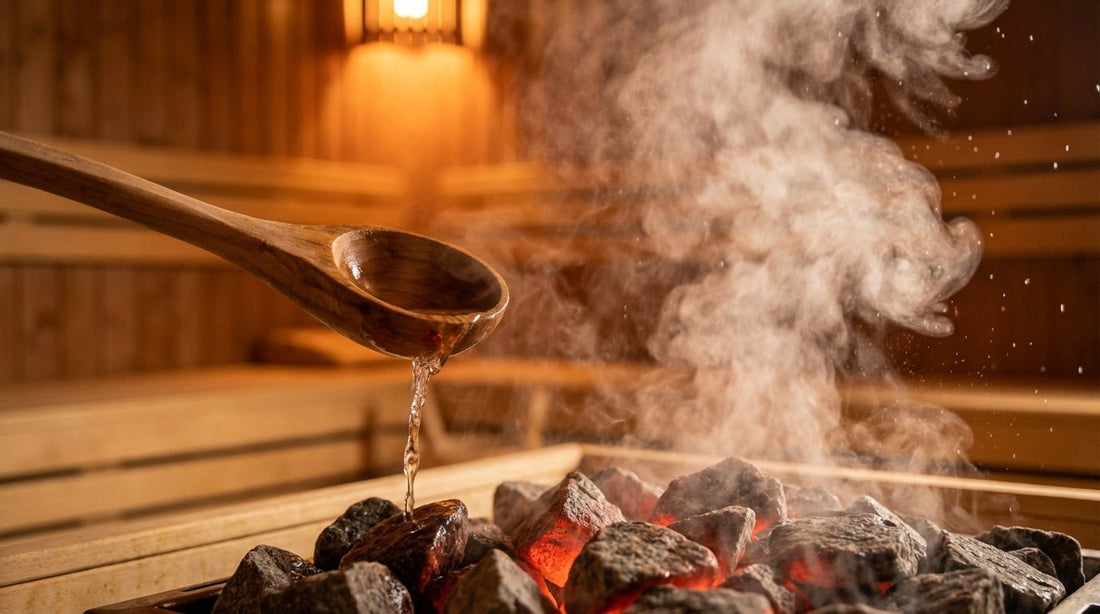 Holzkelle gießt aromatisches Aufgusswasser über glühende Saunasteine mit aufsteigendem Dampf in finnischer Sauna