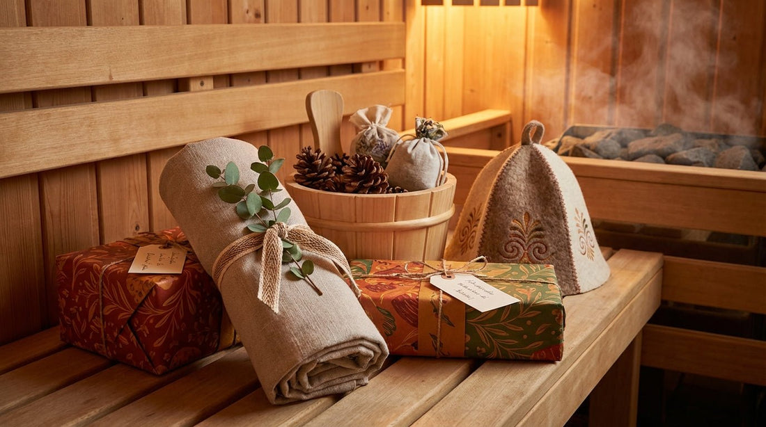 Liebevoll verpackte lustige Saunageschenke auf einer Holzbank in gemütlicher Sauna-Atmosphäre mit Aufgussduft und Saunahut