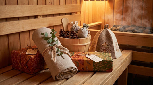 Liebevoll verpackte lustige Saunageschenke auf einer Holzbank in gemütlicher Sauna-Atmosphäre mit Aufgussduft und Saunahut