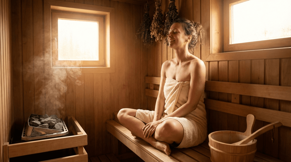  Entspannte Frau in Holzsauna mit cremefarbenem Handtuch – Sauna bei Menstruation genießen