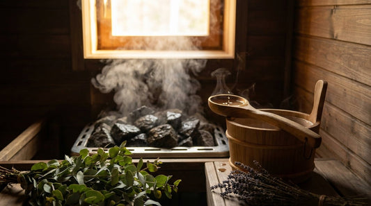 Dampfender Saunaaufguss über heiße Steine mit Eukalyptus und Lavendel als Symbol für Sauna Aromatherapie