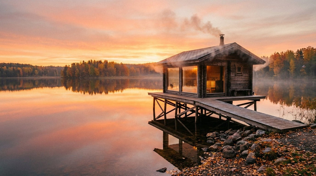 Sauna Leipzig – Die Sauna im See am Cospudener See auf Stelzen im Wasser bei Sonnenuntergang