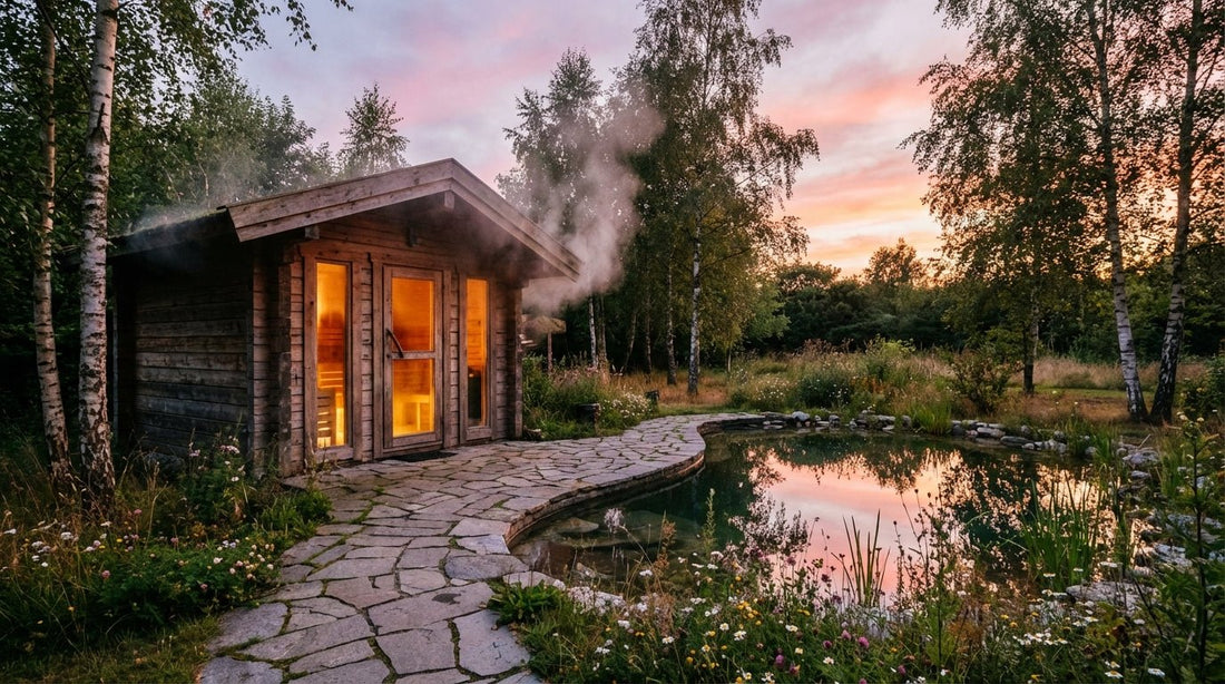 Dampfende Außensauna in einem Saunagarten bei Abendstimmung mit Birkenbäumen und Tauchbecken in Hannover