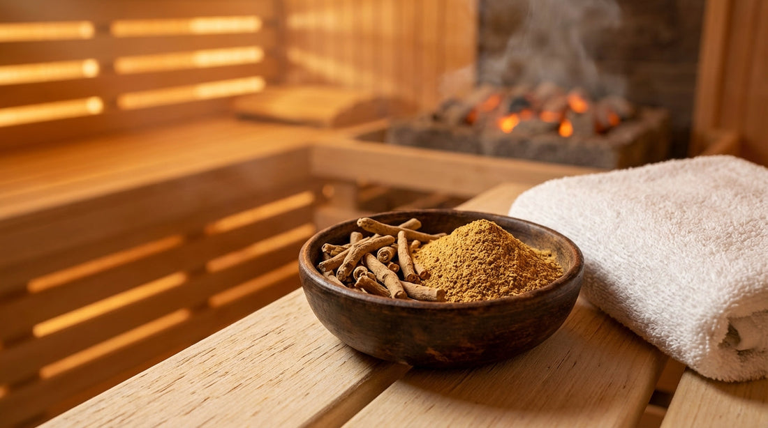 Ashwagandha-Wurzel und Pulver in einer Holzschale auf einer Saunabank mit warmem Saunalicht im Hintergrund