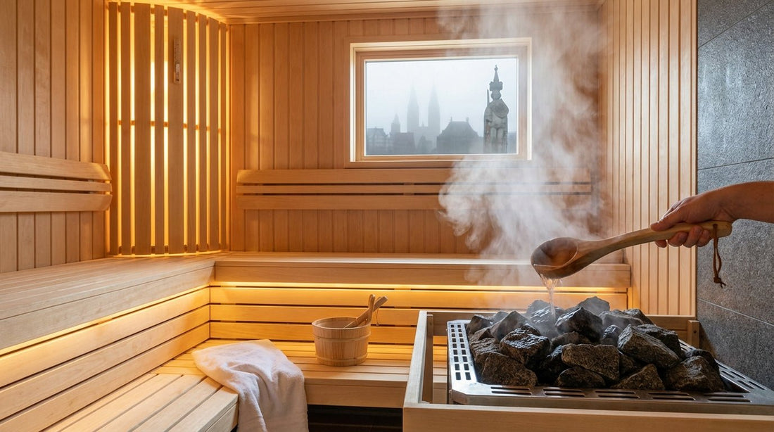 Finnische Sauna in Bremen mit dampfenden Saunasteinen und Holzaufguss-Kelle bei warmem Licht