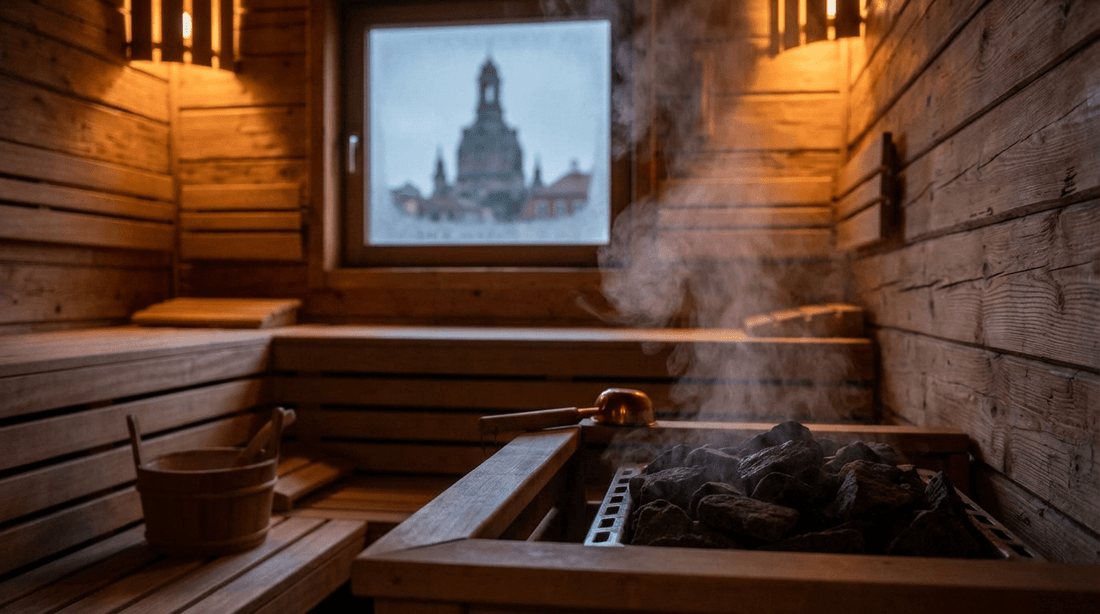 Dampfender Saunaaufguss in einer Holzsauna mit heißen Steinen und Kupferkelle – im Hintergrund die Silhouette der Dresdner Frauenkirche