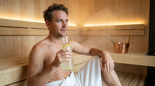  Mann trinkt Elektrolytgetränk mit Zitrone nach dem Saunagang auf einer hellen Holzbank in einer finnischen Sauna