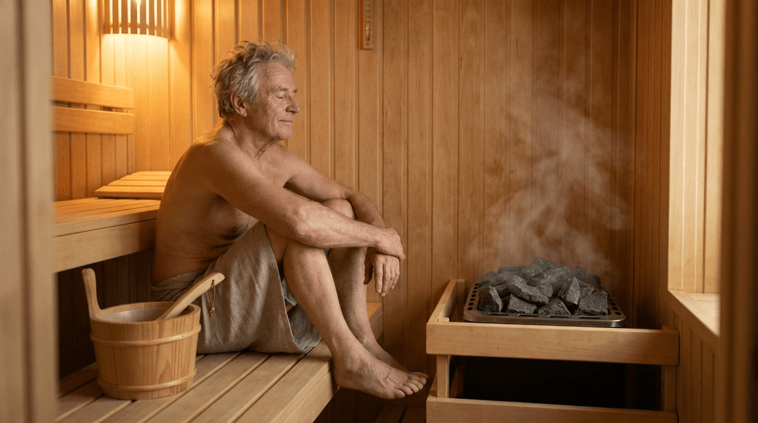 Älterer Mann genießt entspannt einen sanften Saunaaufguss auf der unteren Bank einer hellen Holzsauna