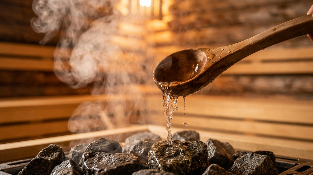 Holz-Schöpfkelle gießt Aufgusswasser mit ätherischem Öl auf heiße Saunasteine – sichtbarer Dampf steigt auf