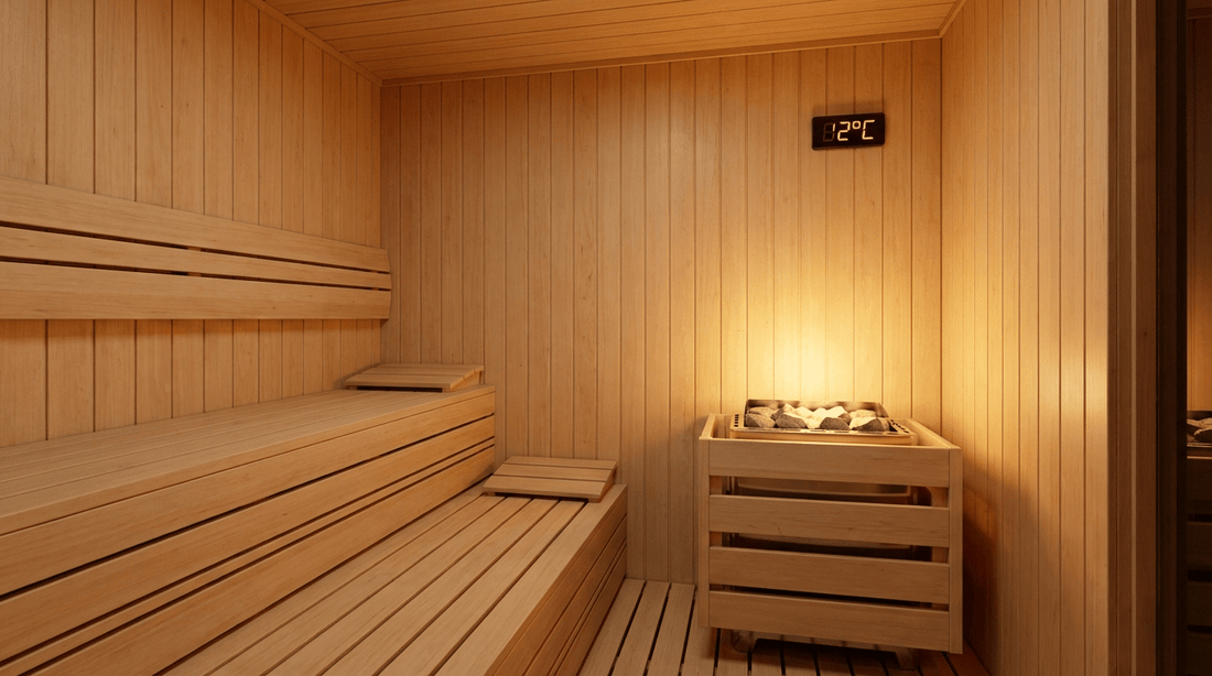 Moderne Heimsauna mit 8 kW Saunaofen und digitaler Temperaturanzeige zeigt den typischen Sauna Stromverbrauch