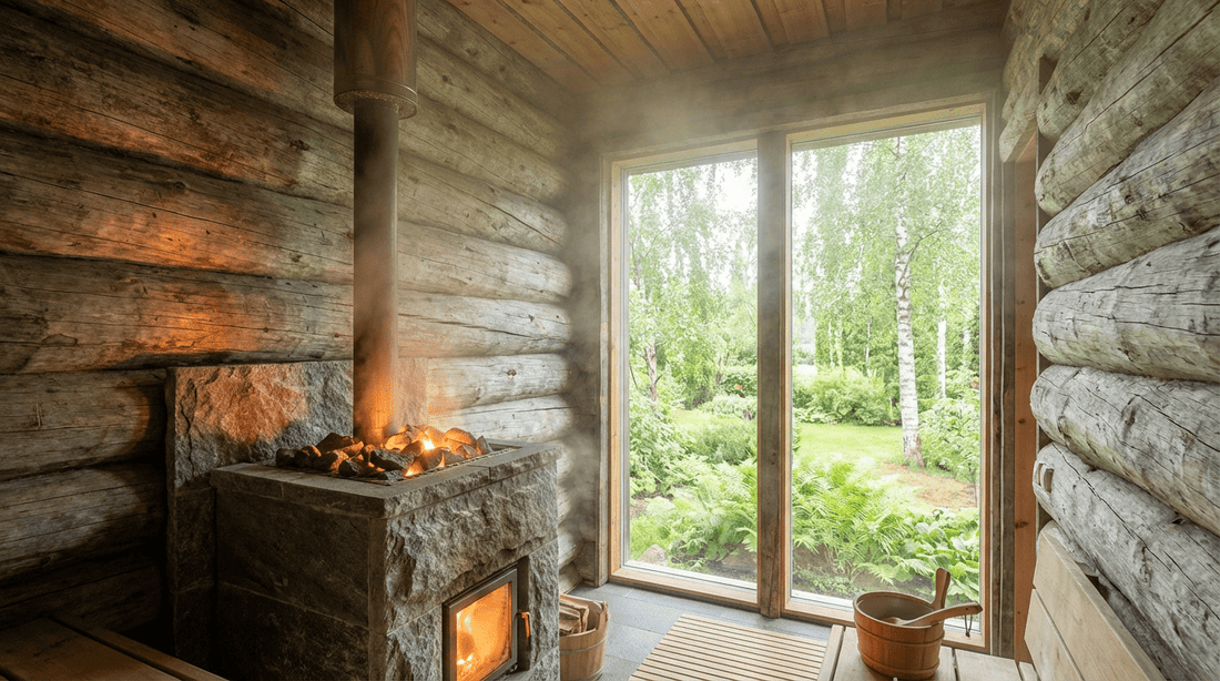 Die Kelo-Sauna der Eymann Sauna Münster mit jahrhundertealten Polarkiefernstämmen und Panoramafenstern zum Garten