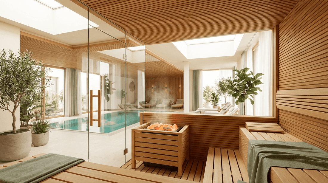 Moderne Saunalandschaft im Nautimo Wilhelmshaven mit finnischer Sauna, glühenden Aufgusssteinen und mediterranem Ambiente