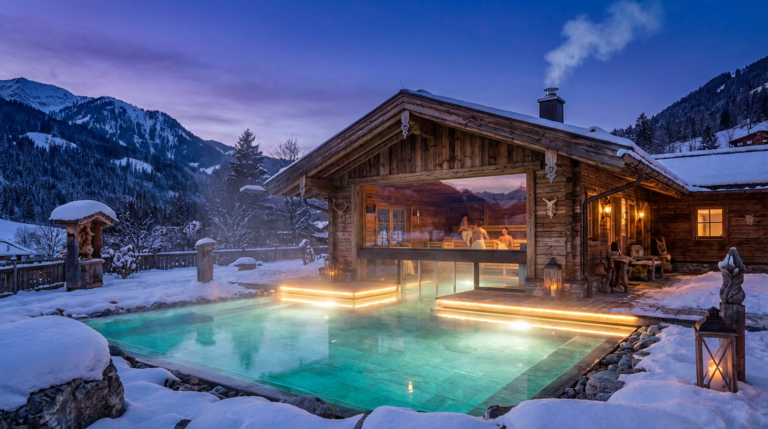 Thermalaußenbecken und Sauna-Chalet im AquariUSH Unterschleißheim bei Abenddämmerung