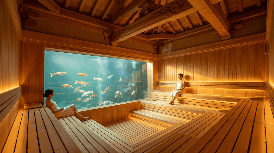 Koi-Sauna der Therme Sinsheim mit Panoramafenster auf Koi-Aquarium und traditionellem japanischen Holzdesign – die größte Sauna der Welt mit 166 Quadratmetern