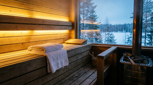 Leere finnische Sauna mit warmem Licht und weißem Handtuch auf der Bank