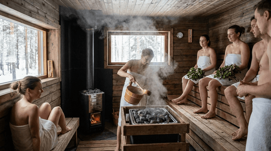 Finnische Heimsauna mit Aufgusskübel, Birkenzweig und aufsteigendem Dampf – bereit für das Sauna-Ritual