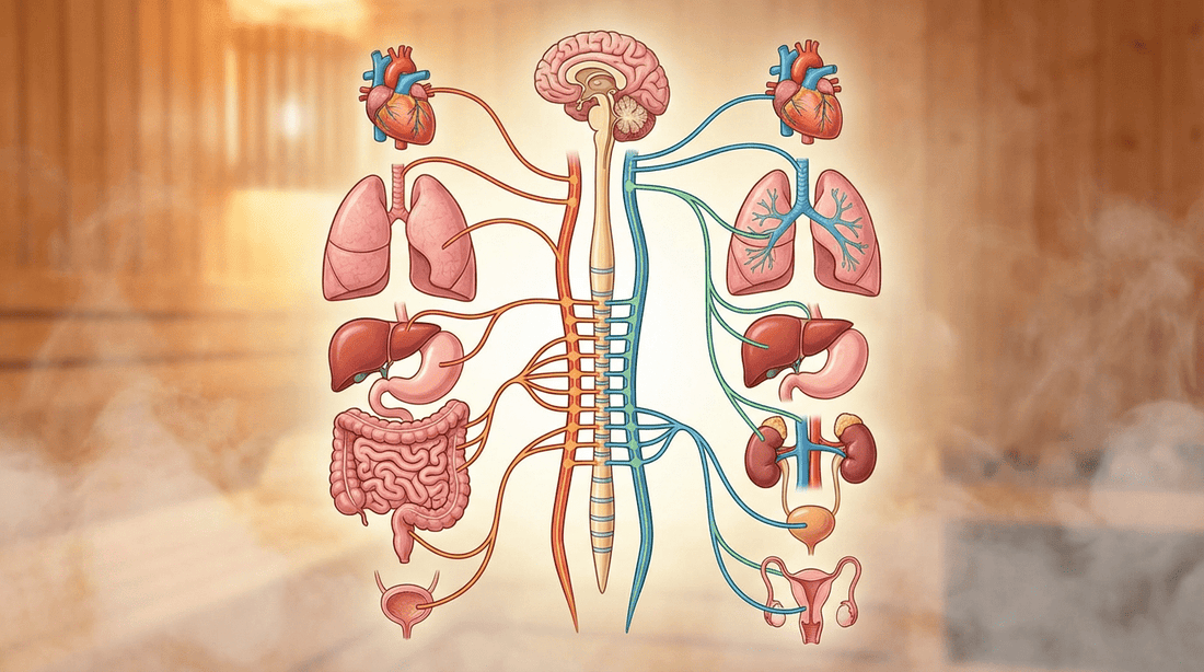 Illustration des vegetativen Nervensystems mit Sympathikus und Parasympathikus – die beiden Gegenspieler, die durch Sauna trainiert werden