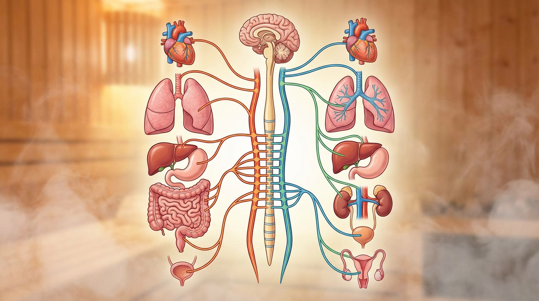 Illustration des vegetativen Nervensystems mit Sympathikus und Parasympathikus – die beiden Gegenspieler, die durch Sauna trainiert werden