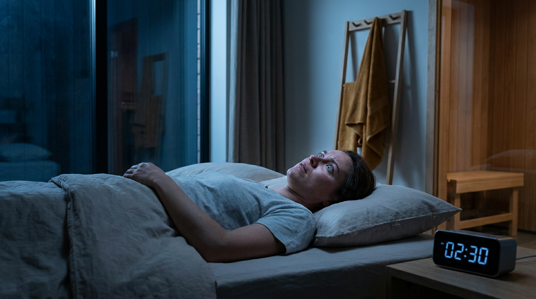 frau kann nicht schlafen, sie war vorher in der sauna