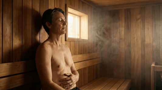 Person praktiziert Bauchatmung auf Saunabank mit Hand auf dem Bauch