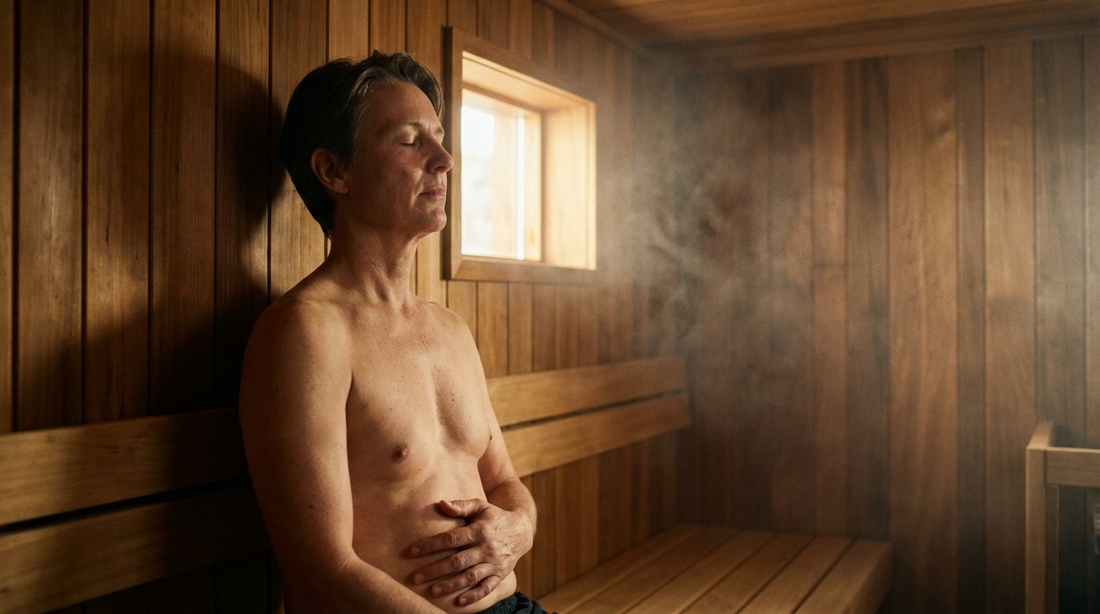 Person praktiziert Bauchatmung auf Saunabank mit Hand auf dem Bauch