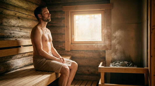 Mann entspannt in finnischer Holzsauna mit sichtbarem Schweiß und warmem Licht