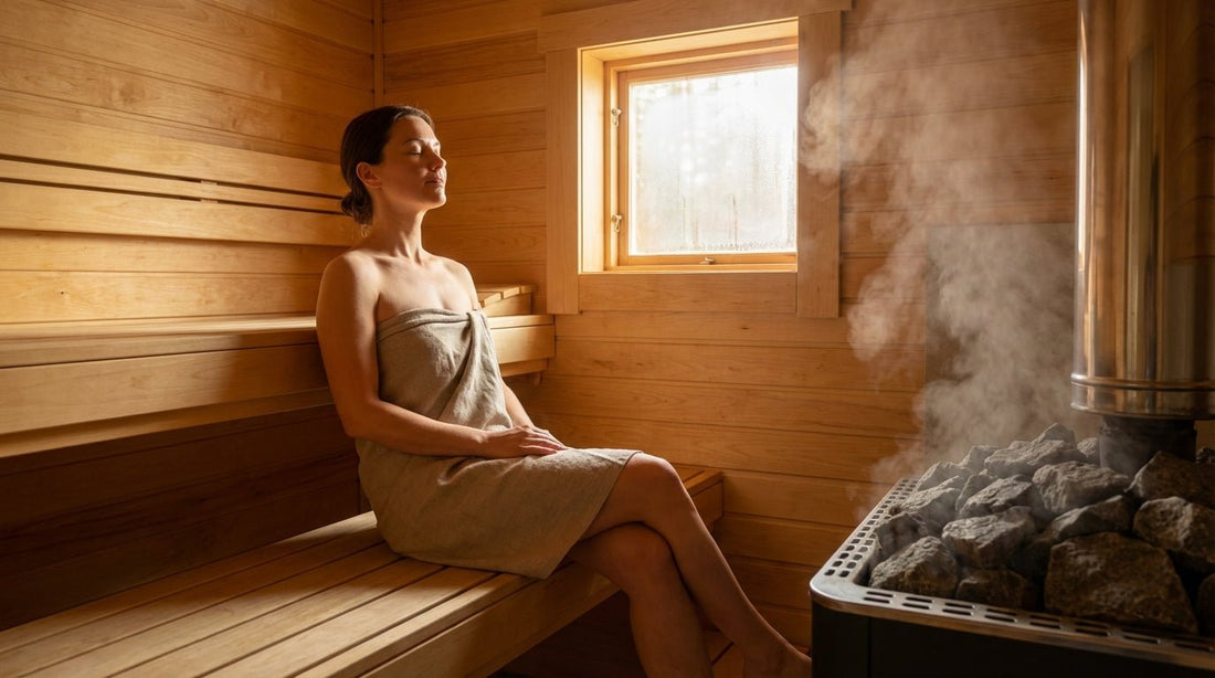 Frau entspannt in der Sauna mit geschlossenen Augen und Handtuch