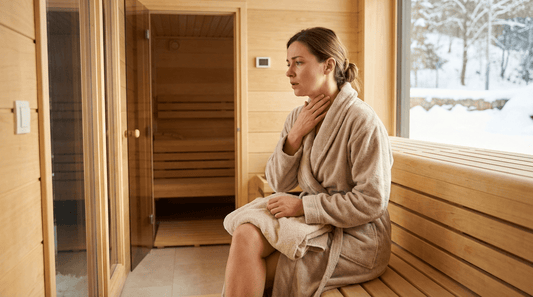  Person mit Handtuch vor der Sauna überlegt nachdenklich ob sie mit Erkältungssymptomen saunieren sollte