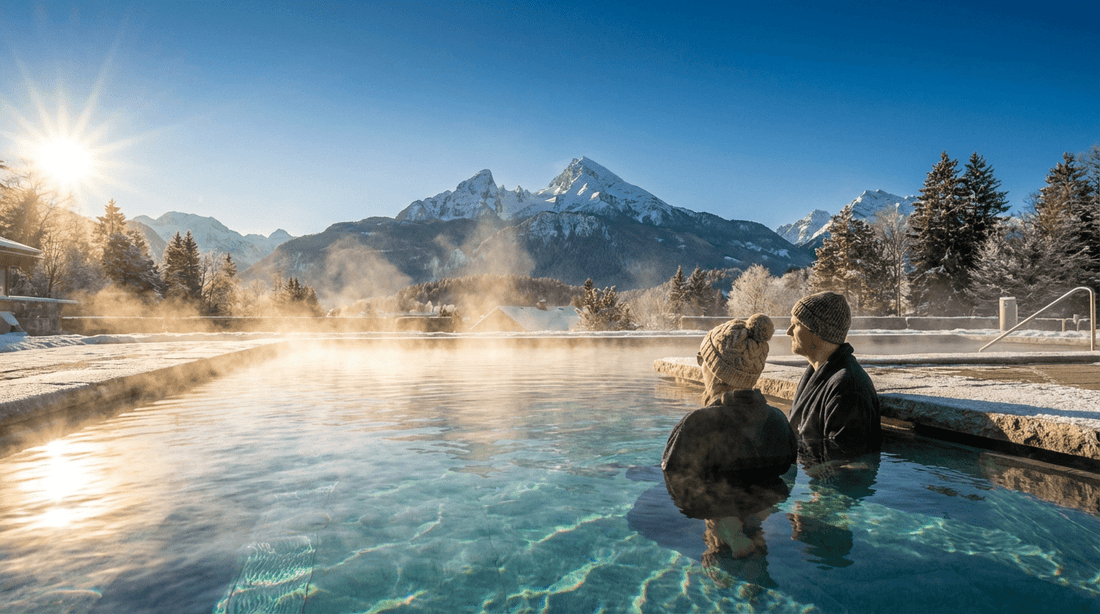 Panoramablick auf die Berchtesgadener Alpen vom Soleaußenbecken der Watzmann Therme