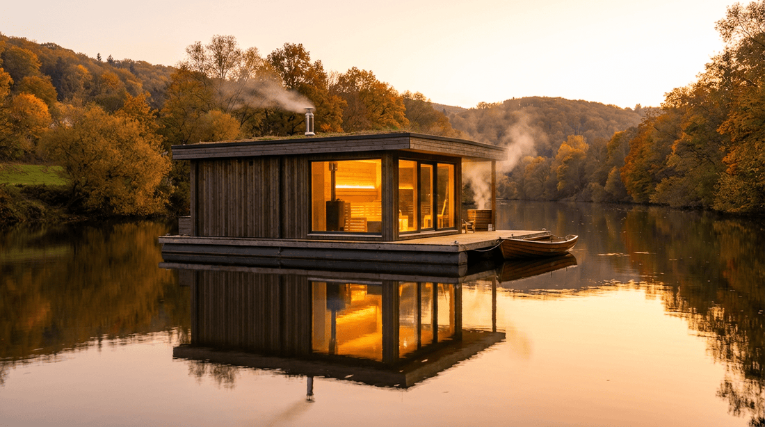 Flusssauna der Emser Therme auf der Lahn mit Panoramablick bei Sonnenuntergang