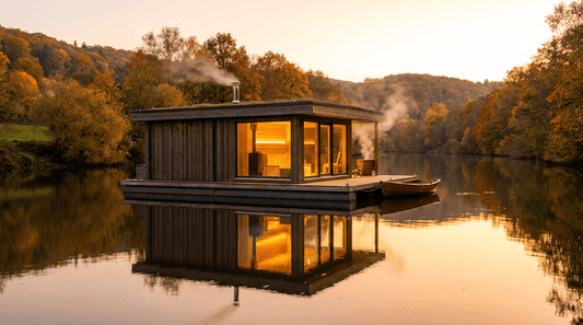 Flusssauna der Emser Therme auf der Lahn mit Panoramablick bei Sonnenuntergang