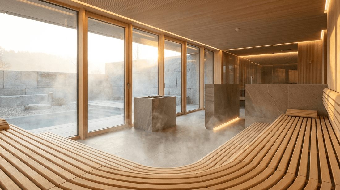 Moderne Saunalandschaft im Bauhausstil mit warmem Licht und Holzbänken im Sibyllenbad Bad Neualbenreuth