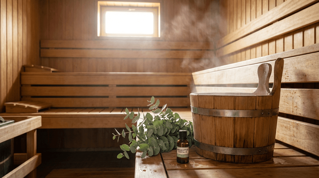 Eukalyptuszweige und ätherisches Öl neben einem dampfenden Saunakübel in einer Holzsauna