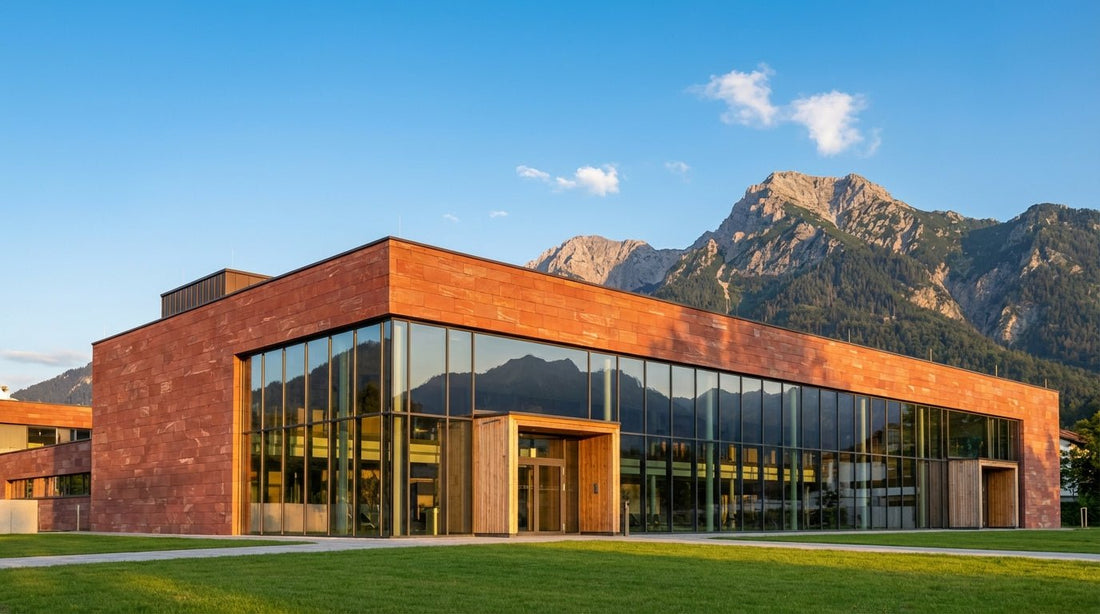 RupertusTherme Bad Reichenhall Außenansicht mit Alpenkulisse und rotem Natursteingebäude