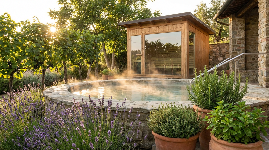 Mediterraner Saunagarten im Monte Mare Andernach mit Holzsauna, Weinreben und Lavendelbeeten bei warmem Nachmittagslicht