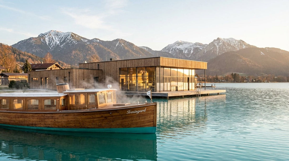 Blick auf die Monte Mare Seesauna Tegernsee mit dem historischen Saunaschiff Irmingard am Ufer des Tegernsees und Bergpanorama im Hintergrund
