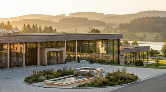 Eingangsbereich der Siebenquell Therme in Bad Weißenstadt am See mit moderner Glasfassade und Blick auf das Fichtelgebirge im Morgenlicht
