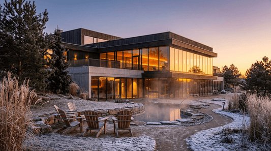 Westbad Sauna Regensburg Außenansicht mit beleuchtetem Saunagarten und Außenbecken bei Abenddämmerung