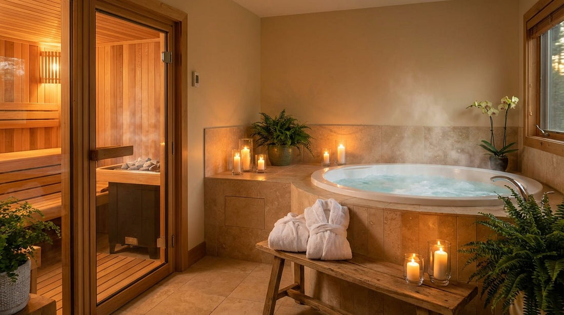 Elegante Private Spa Suite mit beleuchteter Holzsauna und dampfendem Whirlpool in warmem Ambient-Licht