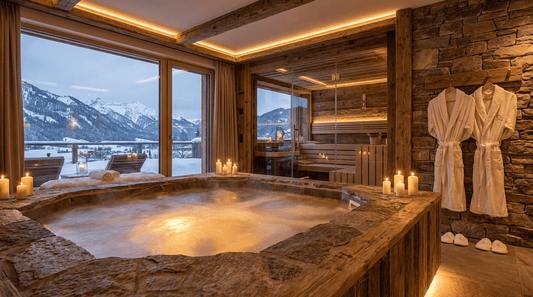 Elegante Private Spa Suite mit dampfendem Whirlpool und finnischer Sauna mit Glasfront in einem bayerischen Luxushotel, Blick auf verschneite Alpen durch Panoramafenster