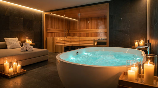  Private Spa Suite mit beleuchtetem Whirlpool und finnischer Sauna in modernem Design mit warmem Ambiente
