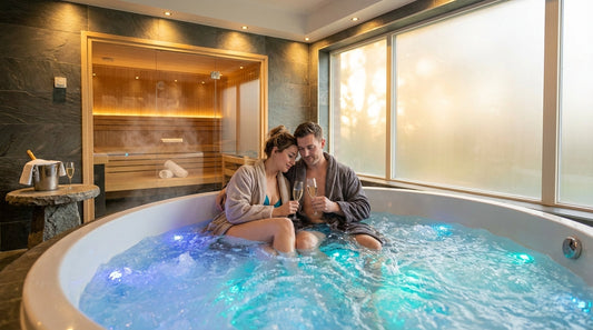 Paar entspannt gemeinsam in einem beleuchteten Whirlpool einer eleganten Private Spa Suite mit finnischer Sauna im Hintergrund